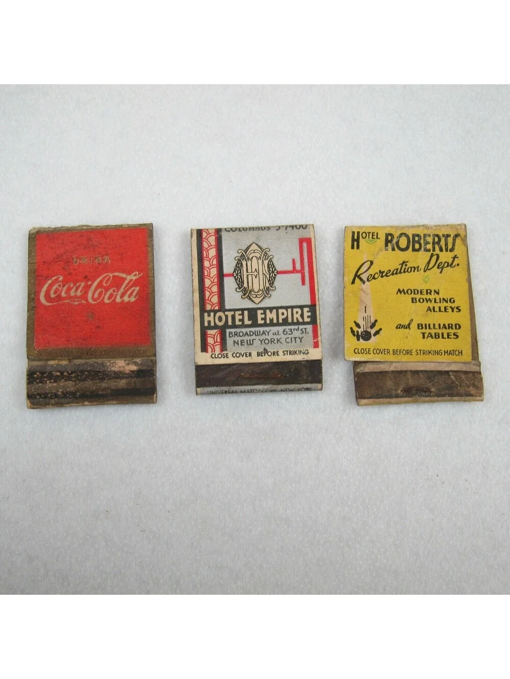 3 Vintage Matchbook Covers Drink Coca Cola, Hotel Empire New York, Hotel Roberts